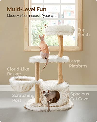 Feandrea Modern Cat Tree, Wood Cat Tower For Large Cats Up To 22 Lb, 48.4-Inch Luxury Cat Condo With Scratching Post, Perch, Cave, Basket, White Upct144W01 #TOP2