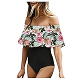 Genérico BañAdor Negro Mujer Reductor Barriga Traje de baño de una Pieza con Estampado de Hojas Florales y Hombros Descubiertos Sexy para Mujer BañAdor Faja Moldeadora Y Reductora (A, XL)