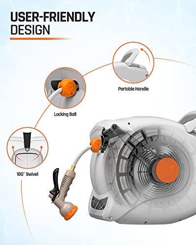 Fiilpow Retractable Garden Hose Reel 82 Ft 5/8", Wall Mounted Water Hose Reel With Automatic Rewind System, Any Length Locked, Brass Fittings, 180° Swivel, 8 Patterns Nozzle For Garden Watering #TOP4