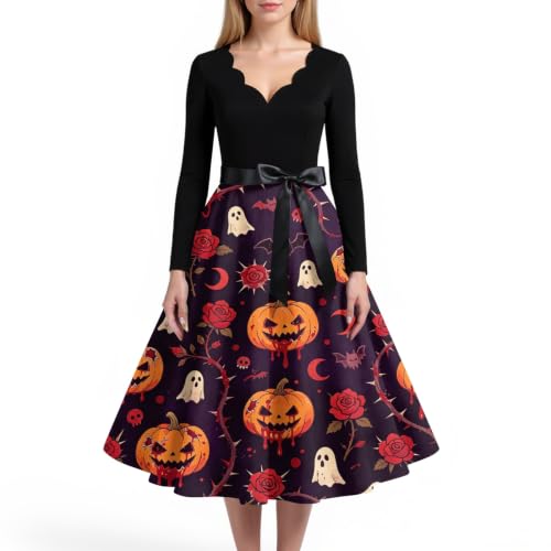 Vestido Midi festoneado de manga larga con temática de Halloween para mujer
