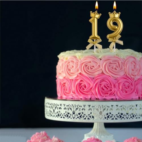 Image of Number 19 or 91 Candle with Crown for Birthday, Wedding, Valentines Day Celebration, Bridal Shower, Bachelorette Cake Topper for Decoration, 2 pc, Gold