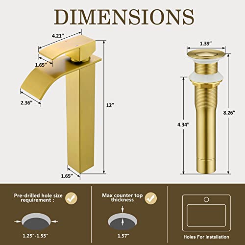 Yardmonet Gold Vessel Sink Facuet, Brushed Gold Tall Bathroom Sink Faucet Waterfall Bathroom Faucet For Vessel Sinks Single Handle Bathroom Vanity Faucet #TOP1