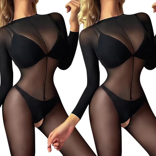KEORHEZ 2 Pcs Catsuit Sexy für Frauen – Catsuit Ouvert Sexy, Bodystocking, Hoch Elastischer Stoff, Transparentes Design, Das Ihre Anmutige Silhouette Perfekt Zur Geltung Bringt (Schwarz)