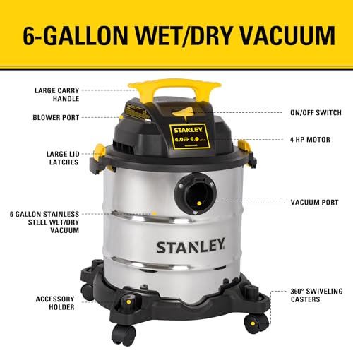 STANLEY SL18116 Wet/Dry Vacuum, 6 Gallon, 4 Horsepower, Stainless Steel Tank, 4.0 HP, Silver+Yellow