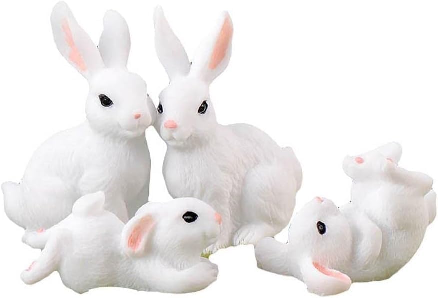 White Mini Resin Bunny Figurines Set - 4 Pack Resin Rabbit Statues for Indoor/Outdoor Decoration, Garden Tabletop Ornaments, Office Party Decor, Unique Gift Idea
