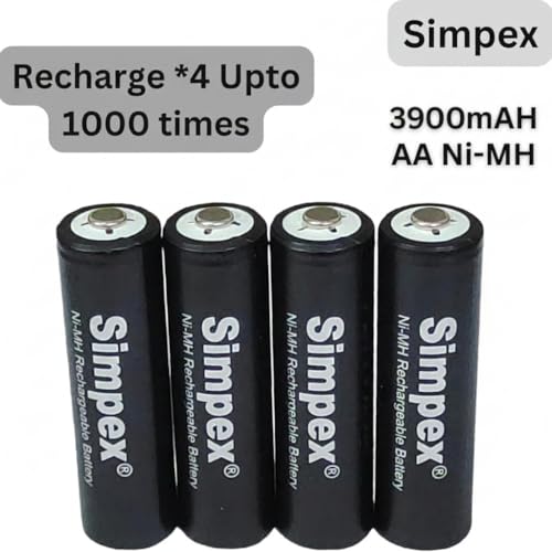 Image of Simpexs 3900mAh High Power Ni-MH AA Ready to Use Rechargeable Battery with Quick Charging and Low Self Discharge, Can Charge up to 1000 Times (Black, 3900mAh-Pack of 4)