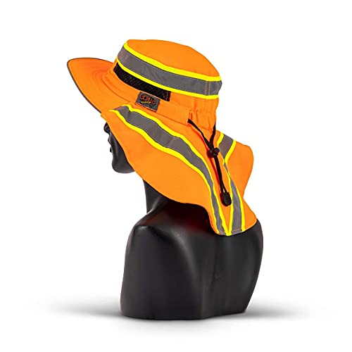 Hi-Visibility Reflective Safety Polyester Upf 50+ Sun Hat, Wide Brim With Neck Flap, Breathable, Boonie Hat Bucket Cap Orange #TOP7