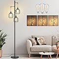 Dimmable Floor Lamp with 3 x 800LM LED Edison Bulbs,Tall Standing Lamp for Living Room,Farmhouse Black Corner Floor Lamp,Bright Industrial Rustic Vintage Tree Pole Light with Cage for Bedroom Office