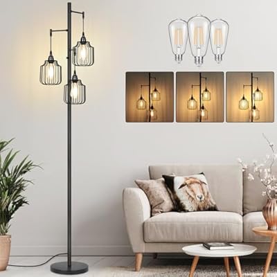 Dimmable Floor Lamp with 3 x 800LM LED Edison Bulbs,Tall Standing Lamp for Living Room,Farmhouse Black Corner Floor Lamp,Bright Industrial Rustic Vintage Tree Pole Light with Cage for Bedroom Office