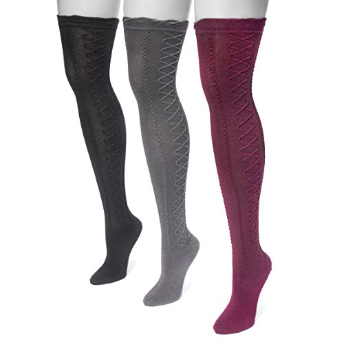 MUK LUKS Women's 3 Pair Pack Lace Texture Over the Knee Socks - Midnight Romance