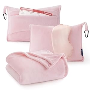 Bedsure Travel Blanket Airplane Compact with Storage Bag, Packable Blanket with Eye Mask, Lightweight 3-in-1 Travel Essentials, Functioned as Pillow for Airplane Comfort and Warmth, Pink