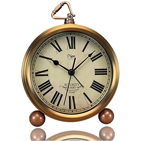 Justup Golden Table Clock, Retro Vintage Non-Ticking Table Desk Alarm Clock Battery Operated Silent Quartz Movement HD Glass for Bedroom Living Room Indoor Decoration Kids (Roman) Cover