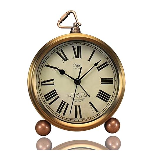 Justup Golden Table Clock, Retro Vintage Non-Ticking Table Desk Alarm Clock Battery Operated Silent Quartz Movement HD Glass for Bedroom Living Room Indoor Decoration Kids (Roman)