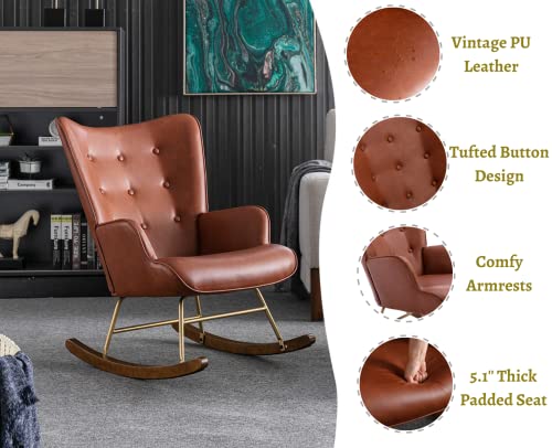 Ealson Nursery Rocking Chair Leather Upholstered Lounge Chair Tufted Wingback Accent Rocker Chair With Wooden Base Modern Comfy Armchair For Bedroom Living Room,Pu Brown #TOP2