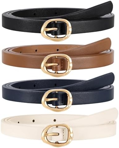 JASGOOD 4 Pack Women Skinny Leather Belts Slim Thin Belt for Dresses Jeans Pants Ladies Small Waist Belt