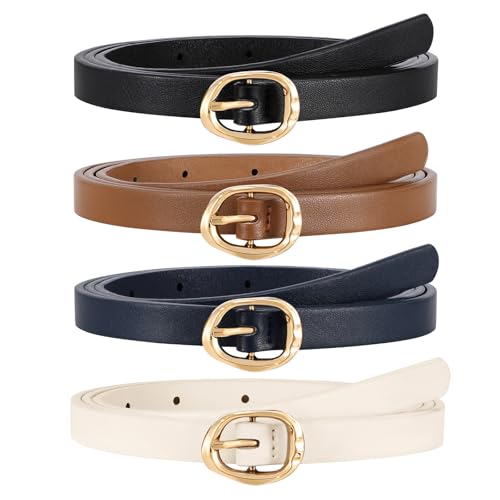 JASGOOD 4 Pack Women Skinny Leather Belts Slim Thin Belt for Dresses Jeans Pants Ladies Small Waist Belt