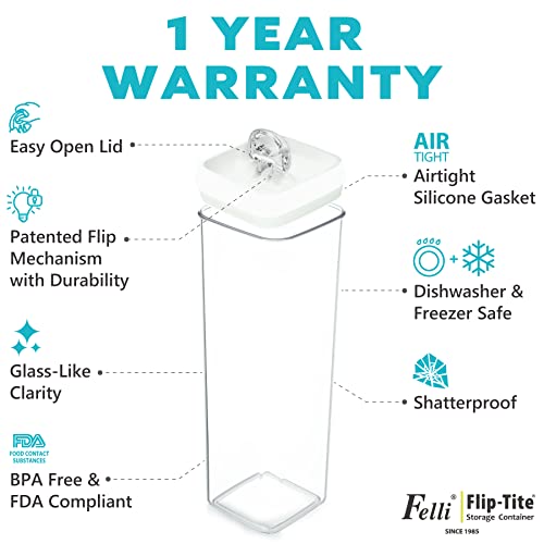 Felli Flip Tite Tall Food Storage Container 3Pc Pasta Set With 4” Square Air Tight Seal Lid Easy Open Lock, Clear Stackable Plastic Canister Jar Organizing Spaghetti Linguine Long Noodle Coffee Bean, Kitchen Pantry Cupboard Organization ( 2.0Qt, White) #TOP5