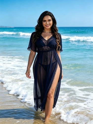 Image of YELAIVP Sexy Beach Cover Ups for Women Sheer Mesh Cover Ups for Swimwear High Cut Swim Suit Bikini Bathing Suit Cover Up