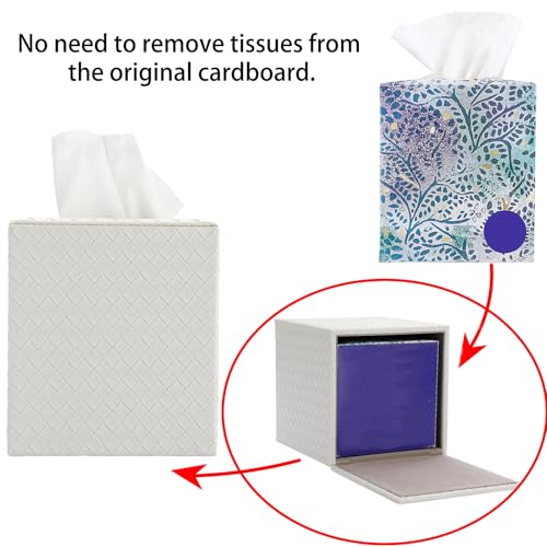 Sumnacon Tissue Box Cover Square Tissue Box Stylish PU Woven Lozenge Pattern Tissue Box Holder with Magnetic Bottom,Cube Leather Tissue Cover for Living Room Bathroom Table Desk Home Office Car,White by Sumnacon - Image 7