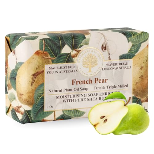 Wavertree & London French Pear Scented Natural Soap Bar, 7oz Moisturizing French Triple Milled Soap Bar for Women & Men Enriched with Organic Shea Butter, Pure Bath & Body Soap (1 Bar)