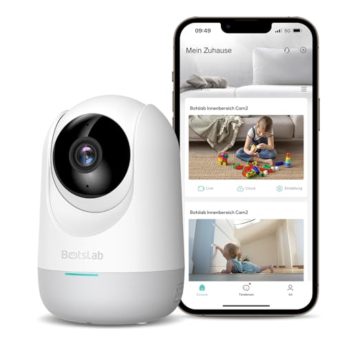 BOTSLAB Kamera monitorująca 2K do wnętrz, elektroniczna niania z kamerą, 360°, Wi-Fi, monitorowanie z wykrywaniem ruchu i wykrywaniem hałasu, 2-drożne audio, widoczność w nocy, kompatybilna z Alexa,
