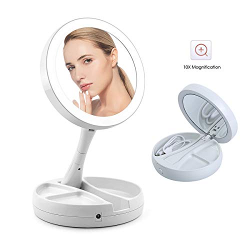 Yonntech Specchio da Trucco Illuminato a LED Doppio Lato 1 x ingrandimento 10X Illuminato Pieghevole da Tavolo Specchio comestico Ricarica USB