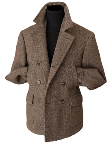 Men's Herringbone Blazer Double Breasted Buttons Business Trip Office Suit Jacket