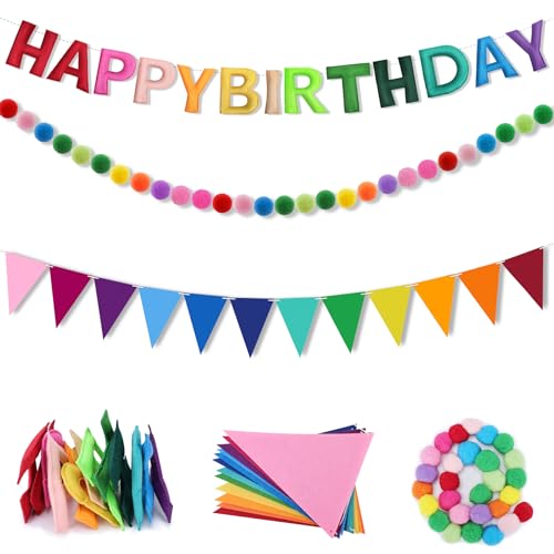 LEBENGURU 3PCS Pre-Strung Happy Birthday Banner 3D Felt Garland, Colorful