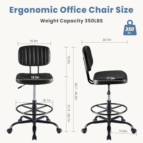 Image of DUMOS Armless Drafting Chair, Low Back Office Seat with Adjustable Footrest Ring for Standing Desk, Ergonomic PU Leather Office Seating, Swivel Rolling High Stool for Studio, Lab, Counter, Black