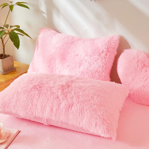 Besfunny Pink Fluffy Pillow Covers, Fuzzy Plush Furry Shaggy Faux Fur Pillow Cases for Bedroom décor, Soft Pink Pillow Covers 26"x20" with Zipper Closure, Decorative Set of 2