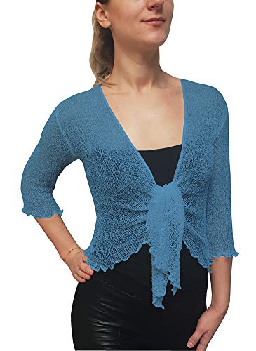 Ladies Crochet Glitter and Plain Stretch Lace Fish Net Bali Tie at Waist Bolero Shrug Open Cardigan (One Size fits UK 8-16, Light Blue) Ladies Crochet Glitter and Plain Stretch Lace Fish Net Bali Tie at Waist Bolero Shrug Open Cardigan (One Size fits UK 8-16, Light Blue)