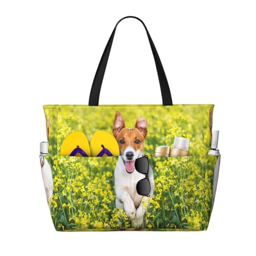 Sac de plage Jack Russell pour femme grand format avec poignées solides