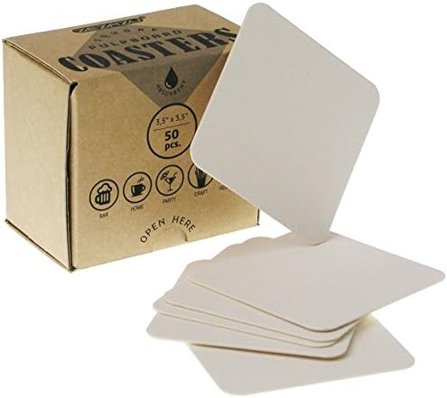 ZEZAZU 3.5" Square Heavyweight Blank White Paper Pulpboard Absorbent Coasters (Case of 50) for Drinks, DIY Craft Projects, Letterpress Paper and Mini Art Boards