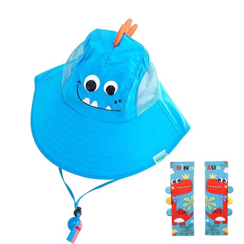 Sombrero de Sol para Niños y 1 par Mangas de Brazo de Protección UV, Sombreros de Verano con Correa para la Barbilla, Protección Solar de ala Ancha para Niños y Niñas de 3 a 12 años