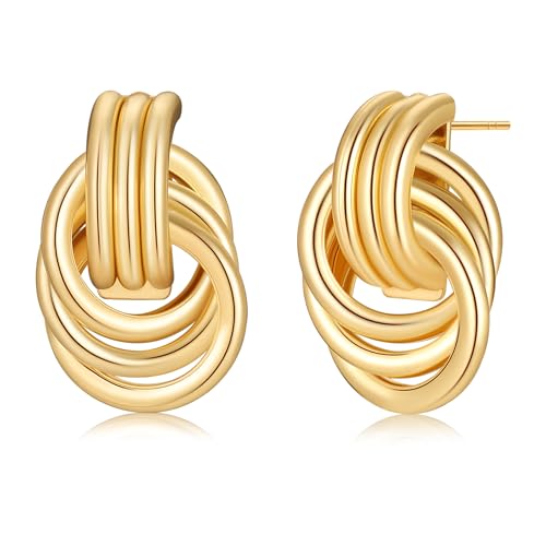 Chunky Gold Earrings for Women 14k Gold Plated Knot Earrings Lightweight Drop Dangle Statement Earrings Minimalist Dainty Summer Jewelry Trendy(gold-3 knots)