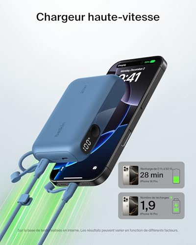 Belkin Batterie Externe 10000mah, Power Bank Charge Rapide avec 2 Ports USB-C (Chargeur Portable, écran, 20 W, pour l'iPhone 16 et 15, Samsung Galaxy S25 et S24, Pixel 9, iPad, etc., Bleu)