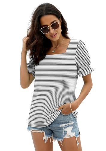 Image of WIHOLL Tops for Women Summer Casual Ruffle Trim Sleeve Square Neck T Shirts