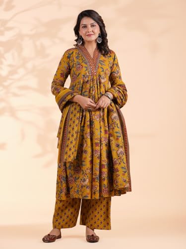 Image of Vbuyz Women Floral Print With Mirror Work Cotton Kurta Palazzo With Dupatta