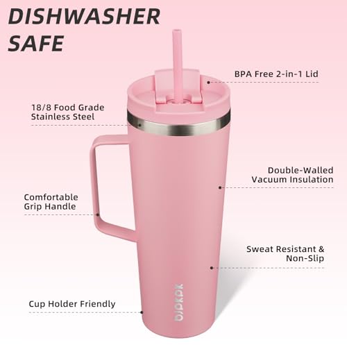 Image of BJPKPK 26oz Insulated Tumbler with Handle, Lid & Straw, Stainless Steel