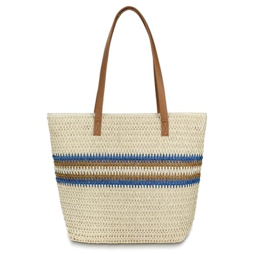 Aucuu Strohtasche, Stroh Strandtasche für Frauen, Strandtasche Damen, Stroh Handtasche mit Ledergriffe und Reißverschluss, Groß Schultertasche Umhängetasche für Urlaub Reisen Strand Sommer