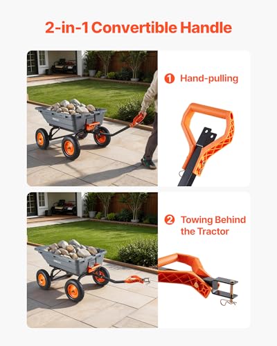 Image of VEVOR 10 Cu.Ft 1500LBS Poly Garden Cart Dump Wagon, Heavy Duty Wheelbarrow with Convertible Handle and 16 inch Flat Free Tires, Outdoor Yard Wagon ATV Trailer Dump Cart Tow Behind for Lawn Mower Tractor
