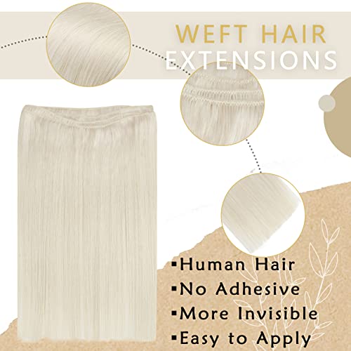 Ugeat 20Inch Blonde Weft Hair Extensions Human Hair White Blonde Sew In Hair Extensions Real Human Hair Double Weft Remy Human Hair Extensions Long Straight Weave Real Human Hair 105G #TOP1