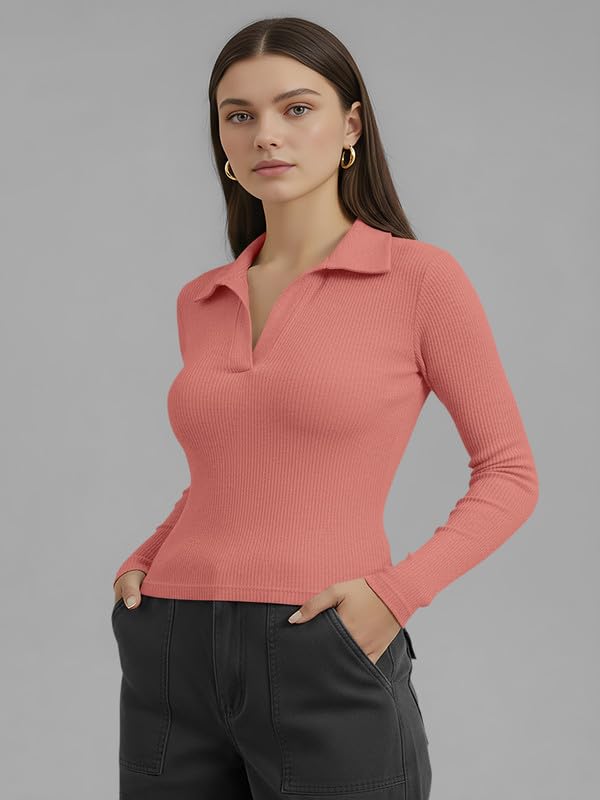 Image of Dream Beauty Fashion Women's Collared Neck Long Sleeve Slim Fit Casual Tee Top for Woman