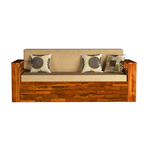 Image of Solid Wood Italian 3 Seater Sofa Cum Bed for Living Room | Three Seater Sofa Bed for Home | Sofa Com Bed | Sheesham Wood,Natural Finish Beige Cushion,3-Person Sofa