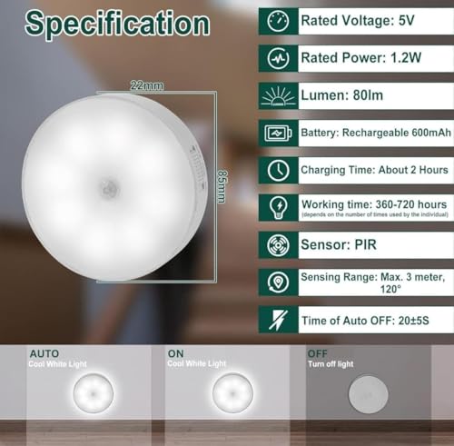 Image of LEPOWER Motion Sensor Light for Home, USB Rechargeable Wireless LED Night Light, Self Adhesive Body Induction Lamp for Wardrobe, Cupboard, Stairs, Kitchen