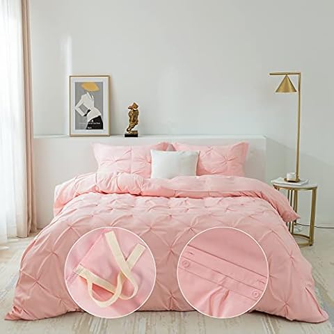 PY HOME & SPORTS Pinch Pleat Twin Size Luxury Soft Duvet Cover Set, Textured Breathable 2 Pieces Brushed 120GSM Microfiber Pintuck Comforter Quilt Cover Bedding with 1 Pillow Sham (Twin, Pink) Cover