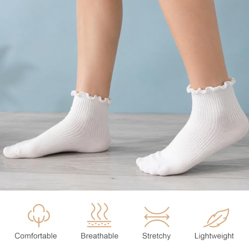 Maxmoc 6 Paar Rüschen Socken,Baumwolle Socken Mit Rüschen Damen,Weiße Kurze Rüschensöckchen,Weiche Atmungsaktive Ruffle Socks für Damen Mädchen Sport Freizeit,35-40