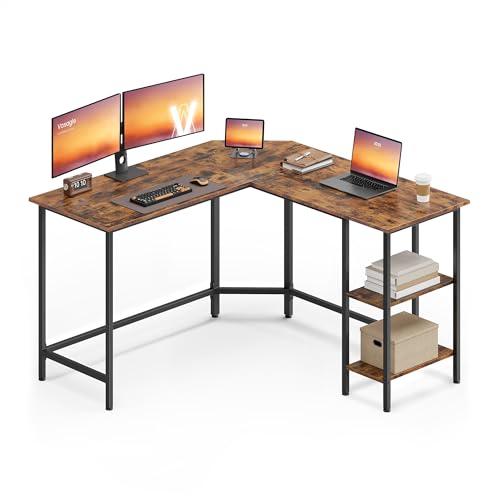 VASAGLE Bureau d'Ordinateur en Forme de L, 130 x 130 x 76 cm, Bureau d'angle avec 2 Étagères, Gain de Place, pour Jeu, Marron Rustique et Noir d’Encre LWD123K01V1