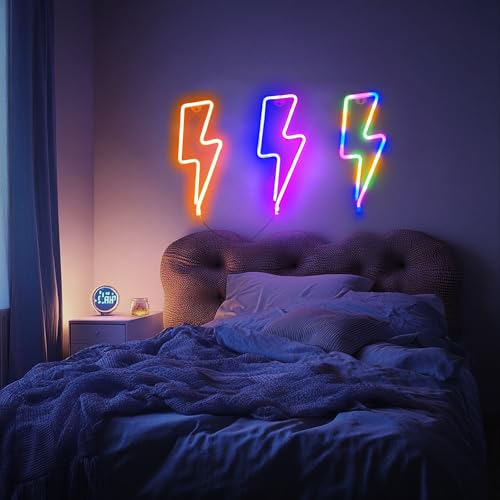 Image of 3 Pack Lightning Neon Sign Wall Decor,USB&Battery Powered LED Bolt Game Neon Light for Teen Girl Kid's Bedroom, Bar, Aesthetic,Christmas,Gaming Room, Party, Home, Wedding Party