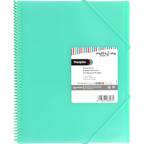 Grafoplas - Portafolios a4 Plastico, 50 Fundas Transparentes, Verde Mint, Polipropileno Extra, Espiral PVC, Maxiplás Multiline, Perfecto Material Escolar y de Oficina